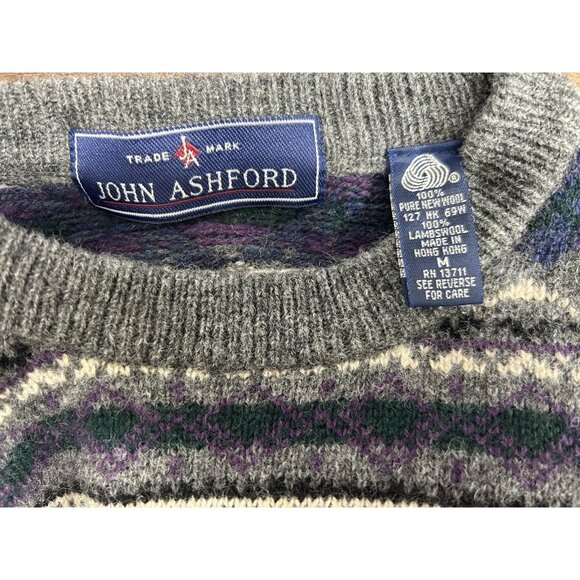JOHN ASHFORD VINTAGE 100% PURE NEW WOOL MULTICOLOR CREW NECK SWEATER MEDIUM - Picture 3 of 4